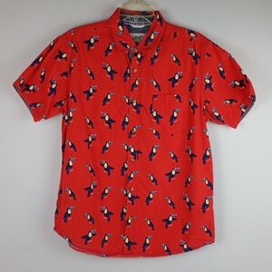 Huntington BC Mens L Red Toucan Bird Print Cotton Short Sleeve Button Down Shirt